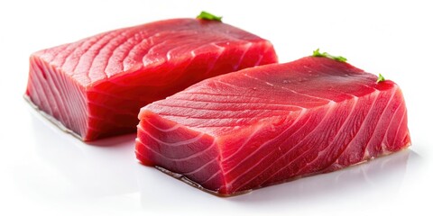 Translucent tuna slices, artfully arranged, isolated on pristine white, a raw fish feast for the eyes.