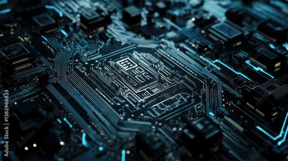Poster A detailed futuristic digital circuit board featuring intricate lines and patterns, showcasing advanced technology and complex design.