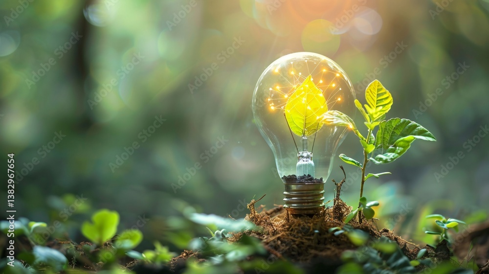 Poster tiny plant sprouting within a light bulb sheds light on the importance of environmental preservation