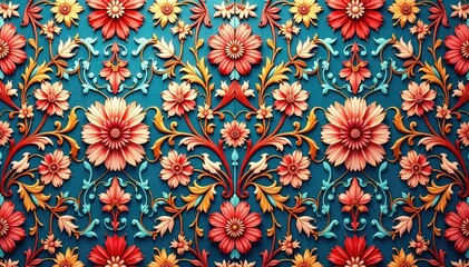 Intricate floral damask textile, repeating design, damask, antique