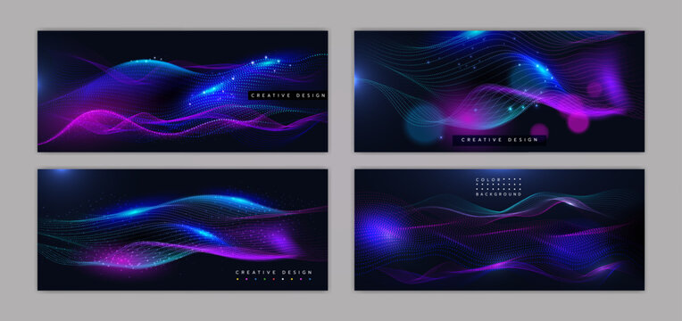 Background AI wave. Data pattern with tech. Dot abstract design in sound. Technology media banner. Big line 3D of particle. Science graphic backdrop. Gradient creative stream. Vector connect set