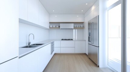 Modern White Kitchen Interior, Sunny Day, Balcony View,  Stock Photo