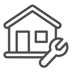 House and wrench line icon, repair service concept. Vector graphics. Cottage with repair tool, building sign on white background, outline style icon for mobile or web design.