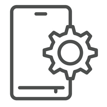 Smartphone config line icon, repair service concept. Vector graphics. Phone with cogwheel, developer settings sign on white background, outline style icon for mobile or web design.