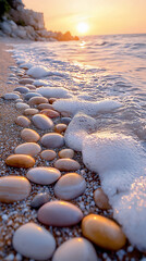 Glistening pebbles at sunset along a tranquil beach with gentle waves lapping the shore
