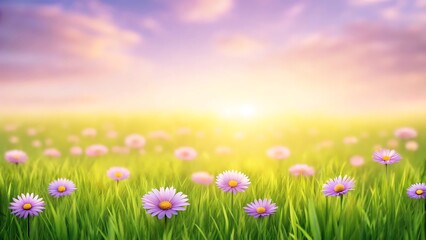 Fototapeta premium Serene sunset over a field of delicate purple wildflowers in a vibrant, sunlit meadow, bathed in warm golden light.