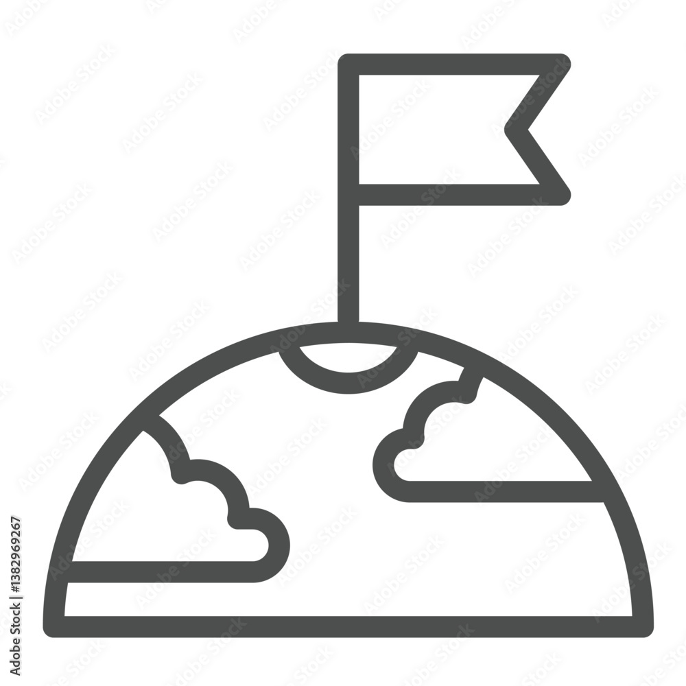 Poster planet surface with clouds and flag line icon, cosmos concept. vector graphics. first tearer mark on