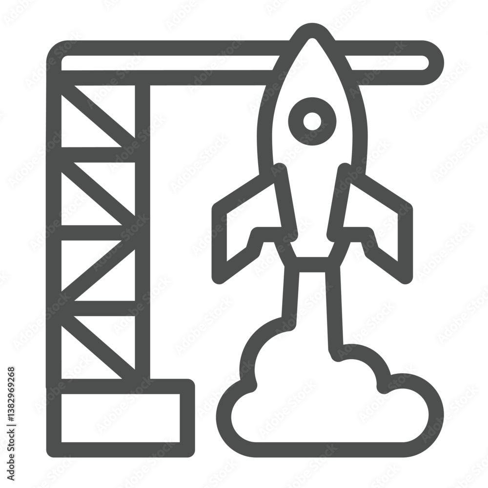 Poster rocket launch line icon, cosmos concept. vector graphics. orbital space rocket start, spaceship flig