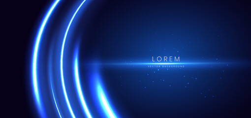 Futuristic blue curved glowing light effect with sprkle on dark blue background.