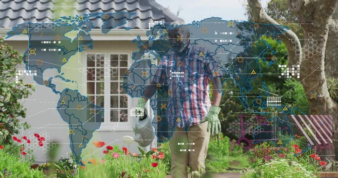 Watering plants, gardener with animation of global network data over world map