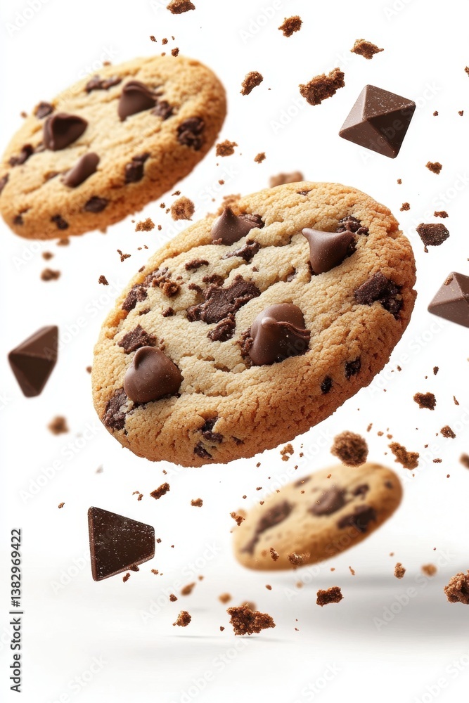 Poster delicious chocolate chip cookies with chocolate pieces floating in the air on a clean white backgrou