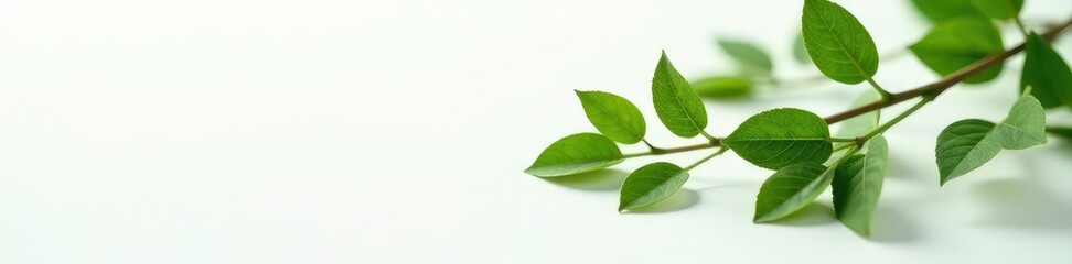 Obraz premium Leafy branches with small leaves on a white surface, stems, botanicals, branch