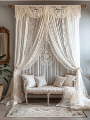 Elegant Interior with Antique Settee and Intricate Lace Canopy Creates a Romantic and Serene Atmosphere for Relaxation and Dreamy Moments