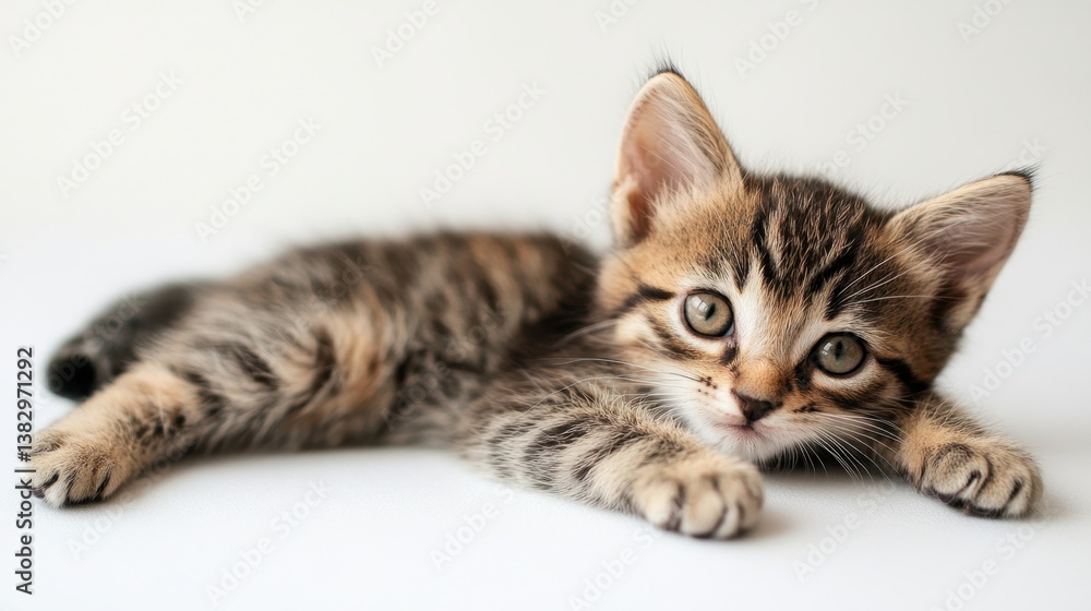 Poster adorable tabby kitten resting on a white surface with a soft and gentle gaze captivating playful moo