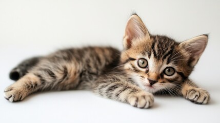 Adorable tabby kitten resting on a white surface with a soft and gentle gaze captivating playful mood bright background and close up shot