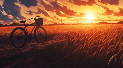 Fototapeta premium Golden sunset, bicycle rests in wheat field