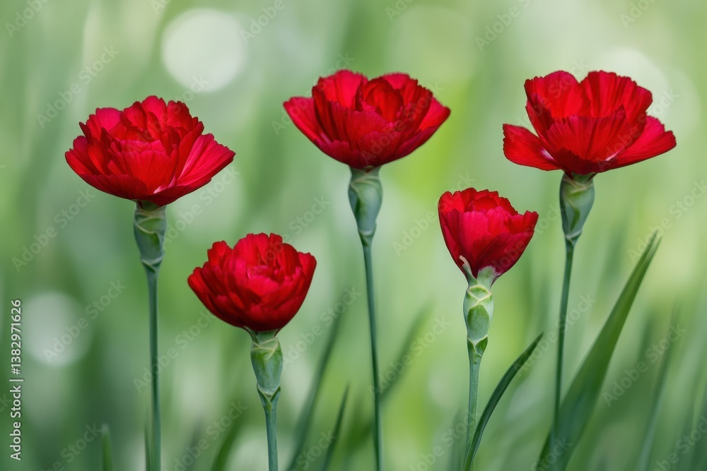 Poster captivating red carnations in a serene garden setting with soft bokeh background and natural light c