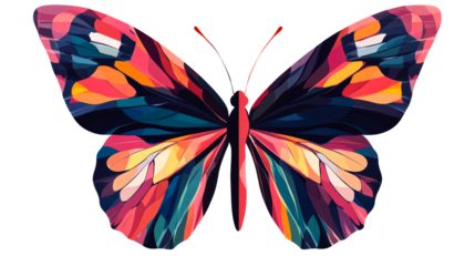 Vivid butterfly, polygonal wings with shades of red and blue, cut out transparent