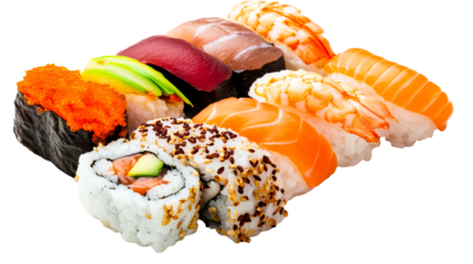 Assorted sushi nigiri maki rolls, Japanese cuisine delicacy, cut out transparent