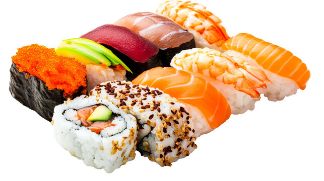 Assorted sushi nigiri maki rolls, Japanese cuisine delicacy, cut out transparent
