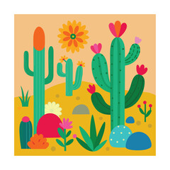 Vibrant Desert Landscape with Cacti and Flowers
