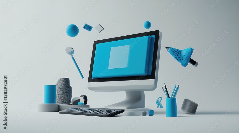 Poster floating digital workspace, modern computer, creative objects