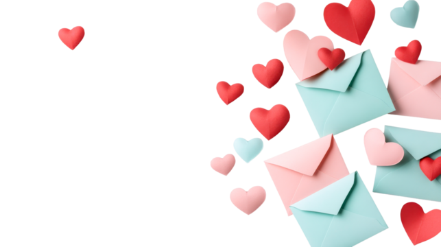 Valentines hearts with envelopes arrangement on black background, cut out transparent