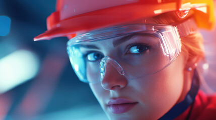 focused woman wearing safety helmet and protective eyewear, showcasing determination and professionalism in work environment. Her expression reflects confidence and readiness for task ahead