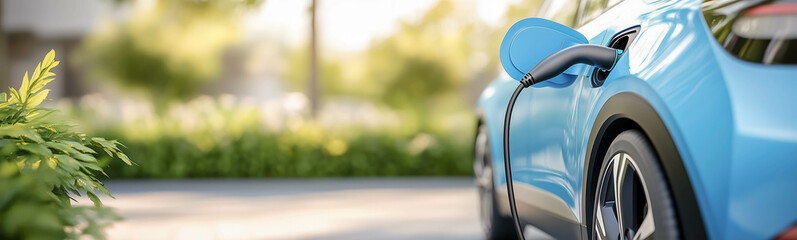 Modern electric vehicle charging on the station. Alternative fuel concept.
