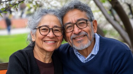 An older couple smiling at the camera, posing together outdoors during daylight hours.