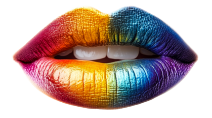 Rainbow lips with glossy texture and visible teeth, cut out transparent