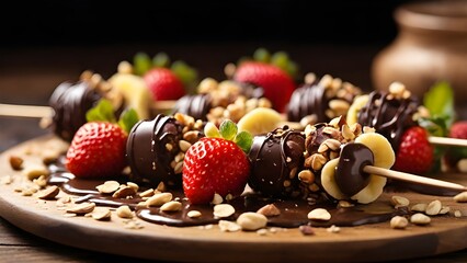 A close-up shot of fruit skewers covered in rich, melted dark chocolate, sprinkled with finely chopped almonds and crushed hazelnuts