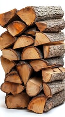 Fototapeta premium Stacked firewood logs ready for winter warmth rustic texture and natural wood grain against a clean white background offering a cozy and inviting feel