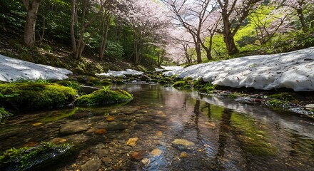 Serene waters flowing beneath spring blossoms and remnants of winter snow