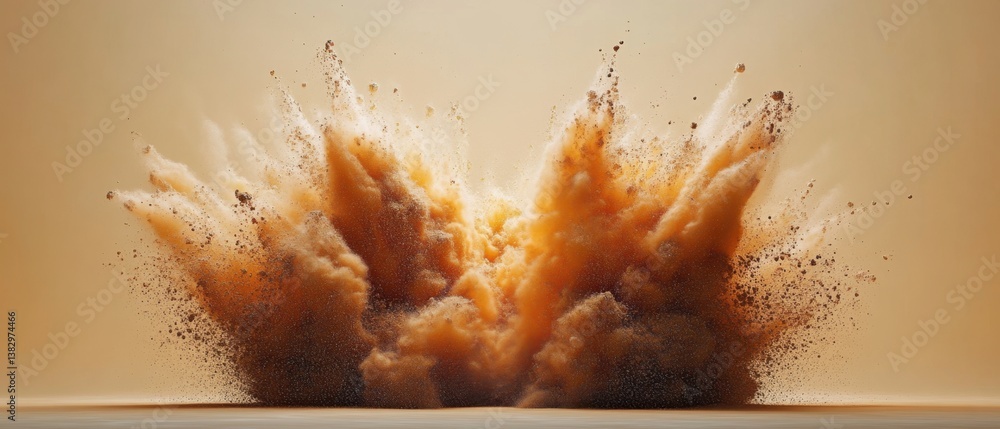 Poster dramatic explosion of vibrant brown dust against a soft beige background creating a dynamic and abst