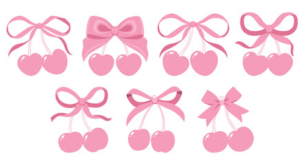 Fototapeta premium Coquette cherries with gift bow. Vector Illustrations of vintage bows and pink cherry. Cherries with ribbon. Cute trendy line art set. Ribbons isolated. Trendy girls accessories. Cute hairstyle decor