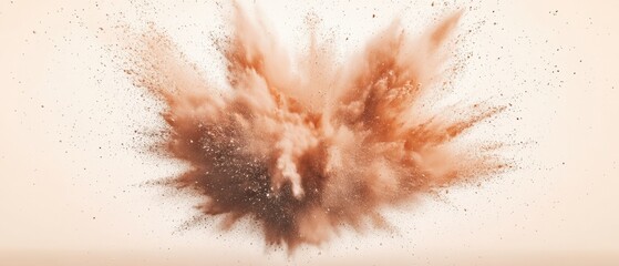Dynamic explosion of vibrant copper pigment powder against a soft pastel backdrop creating a captivating visual effect