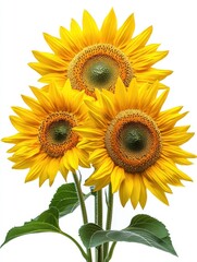 Fototapeta premium Radiant sunflowers against a clean white backdrop capturing vibrant yellow petals and green leaves in a close up view for a natural and cheerful feel