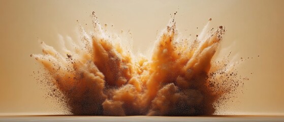 Dramatic explosion of vibrant brown dust against a soft beige background creating a dynamic and abstract visual effect with a sense of motion and energy