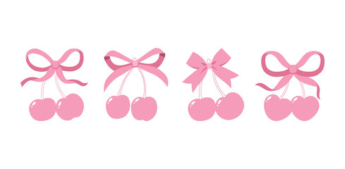 Coquette cherries with gift bow. Vector Illustrations of vintage bows and pink cherry. Cherries with ribbon. Cute trendy line art set. Ribbons isolated. Trendy girls accessories. Cute hairstyle decor