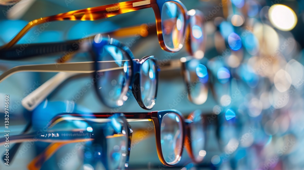 Poster variety of stylish and neatly arranged eyeglasses on display