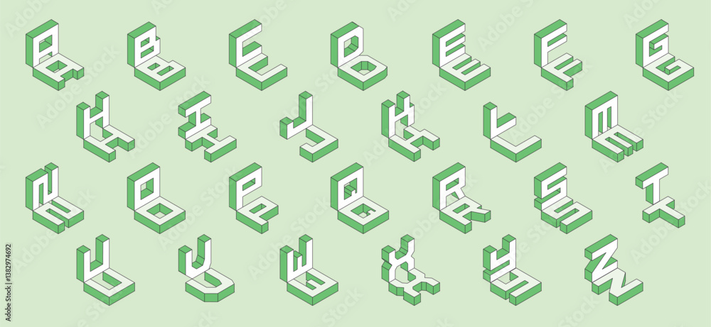 Poster isometric 3d effect letters alphabet. isometric font at different angles. isometric 3d font, three-d