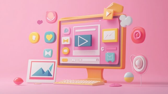 Colorful 3D computer interface design, social media icons, desktop, pink background