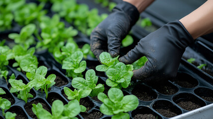 Agriculture. Farmer's hands planting seedlings, close-up.