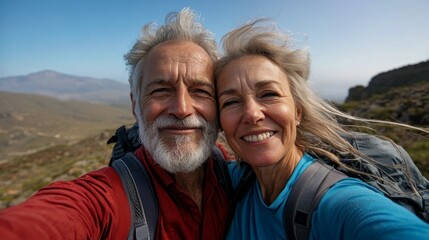 "An older couple posing outdoors during daylight hours."