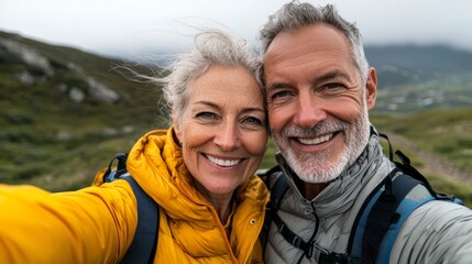 Couple on hiking trip taking selfie.