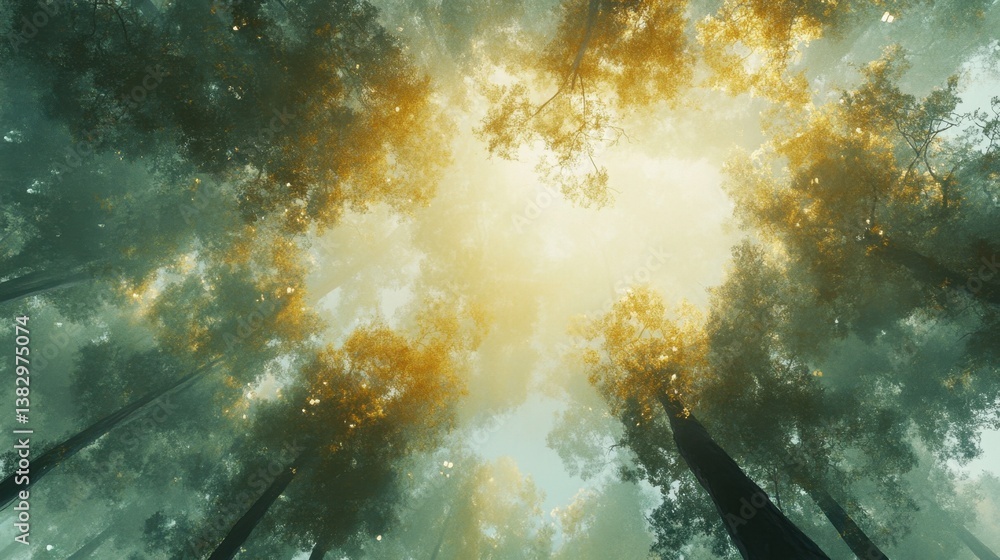 Poster a canopy of towering trees seen from below, with multiple exposure blending soft hues of green and g