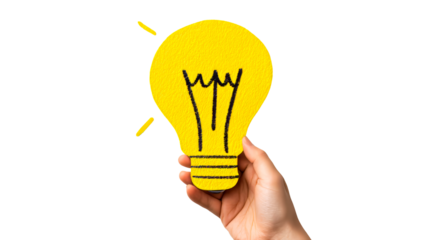 Hand holding lightbulb idea innovation concept, cut out transparent