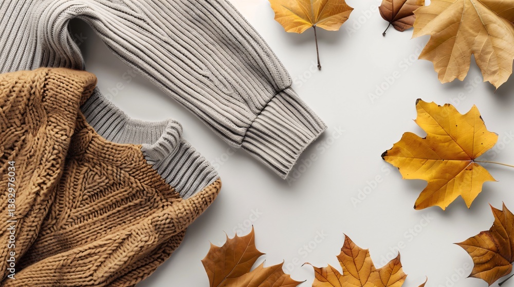 Poster cozy autumnal flat lay composition with warm woolen sweaters and dry maple leaves on white backgroun
