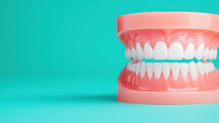 Obraz premium dental model showcasing set of realistic teeth against vibrant turquoise background, emphasizing dental health and hygiene. This evokes sense of care and attention to oral wellness